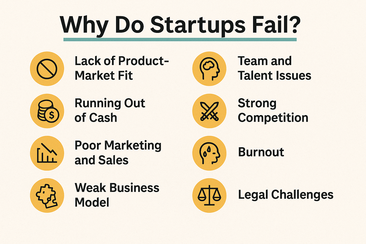 Infographic showing 8 key reasons startups fail, including lack of product-market fit, cash issues, poor marketing, weak business models, team problems, competition, burnout, and legal challenges.